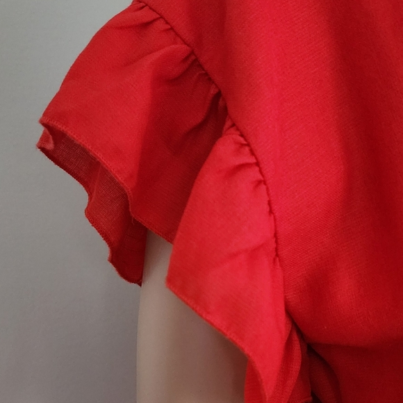 ETOPHE STUDIOS RED ORANGE FAUX WRAP SHOR FRILLS WAIST TIE DRESS LARGE - Picture 8 of 13